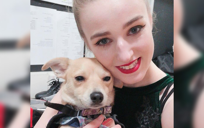 CELTA online trainee Emma Burton with her assistance dog Elphie.