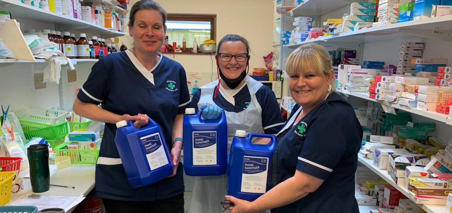 The team at Ty'r Felin Surgery, Gorseinon, pictured with the sanitiser manufactured by Swansea University which is being used to help the NHS in Wales tackle the coronavirus