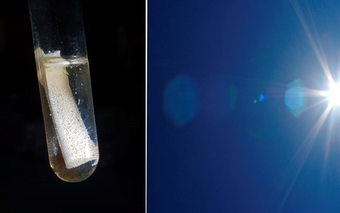 Tiny hydrogen bubbles evolving from a piece of PET plastic irradiated with light.  