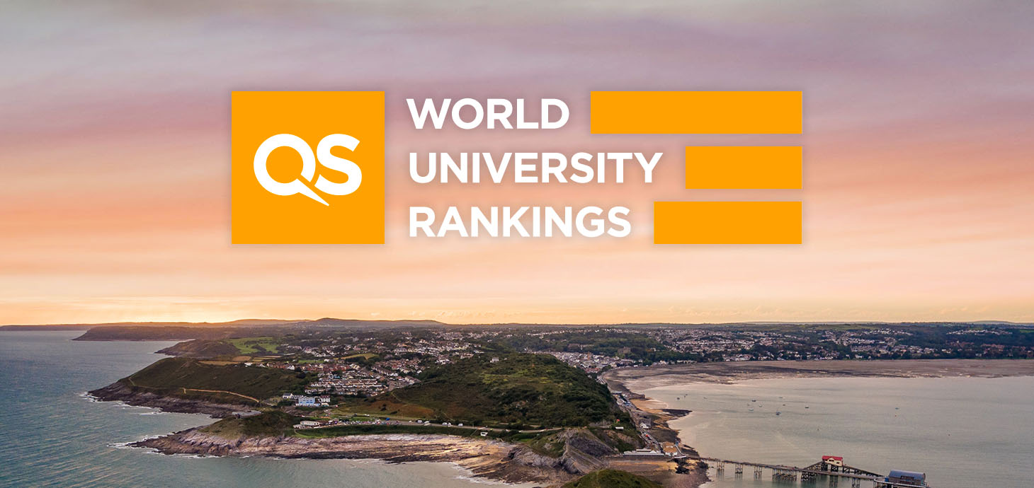 Aerial shot of Swansea with QS World University Rankings in text.