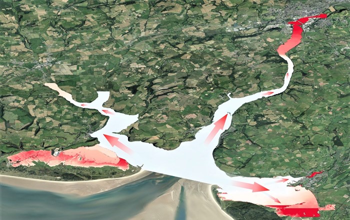 Map of Three Rivers estuary in south Wales: red areas indicate large reductions in water level where marsh is present, and blue-white where little to no effect was observed, showing that the presence of marsh vegetation has the greatest flood protective effect for towns and infrastructure upstream