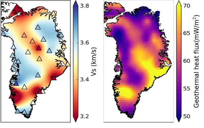 Underneath the Greenland Ice Sheet: slower underground seismic wave speed (left) is associated with hotter areas (right)