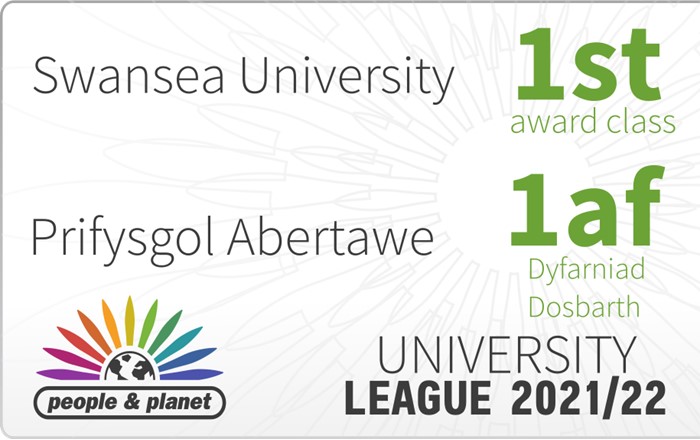 Badge showing that Swansea University is in the first class - and the top ten - of UK universities, for environmental and ethical issues, according to the new league table compiled by People and Planet, published by The Guardian.