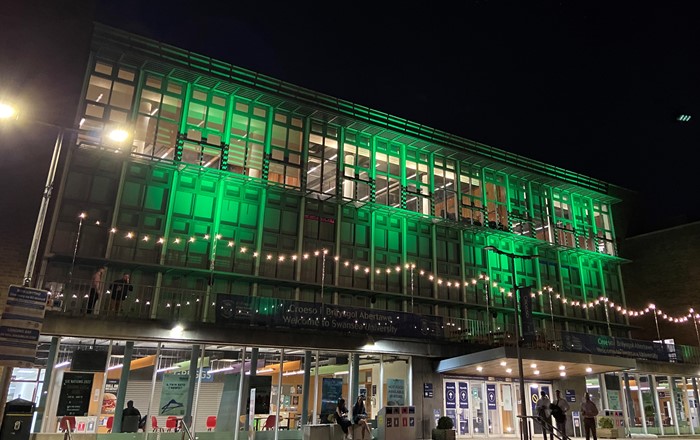 Fulton House lit up to mark Global Recycling Day.