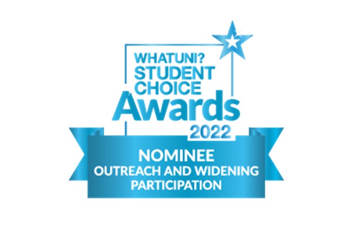 A graphic which announces Swansea University as a nominee in the Outreach and Widening Participation category of the Whatuni Student Choice Awards 2022.