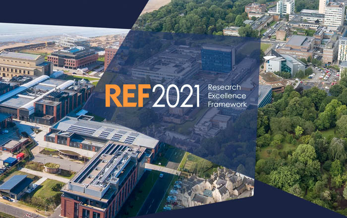 Aerial image of Swansea University’s Bay and Singleton Campus with the REF2021 Research Excellence Framework logo at the centre. 