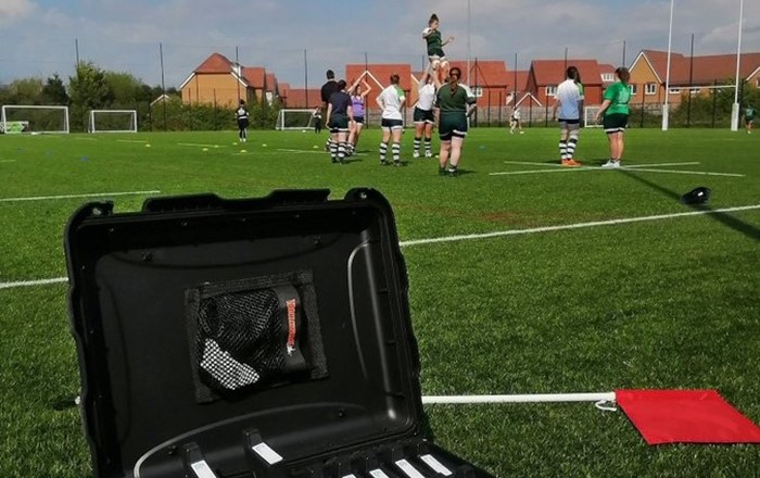 As well as the survey, Freja Petrie (pictured) is also using impact-sensing mouthguards (in box, pictured) and video analysis to understand how women’s rugby players experience their head impacts during matches.