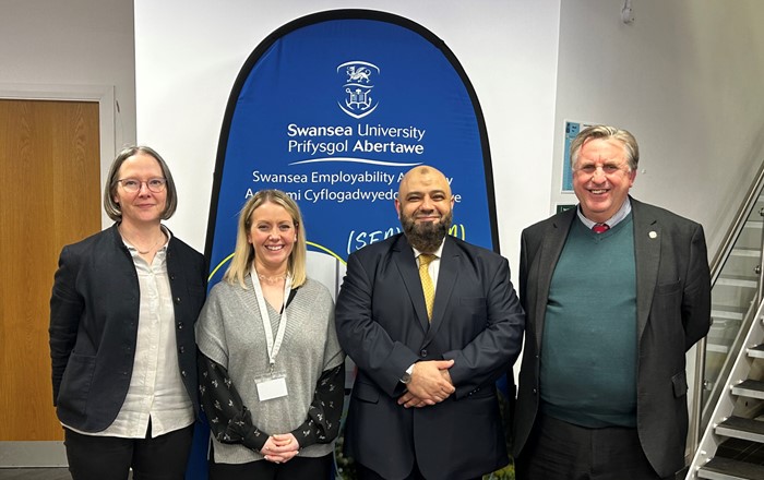 Pictured from left to right: Alison Perry, Head of the School of Law, Lucy Griffiths, Head of SEA, Asim Hafeez, Home Office Director of International, Strategy, Engagement and Devolution, and Michael Draper, Deputy Pro Vice Chancellor for Education.