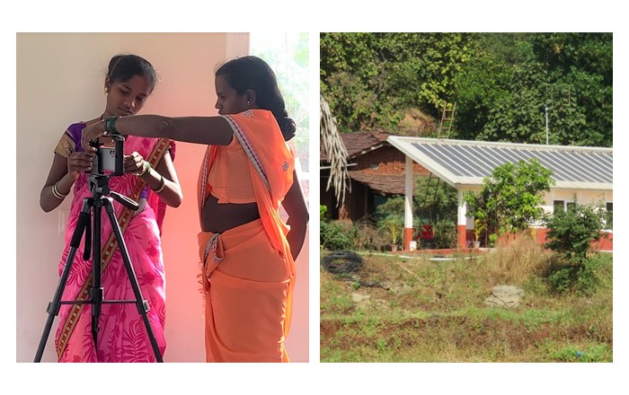 Two pictures, one showing women looking at a video camera, the other showing a building in countryside with solar panels on roof.
