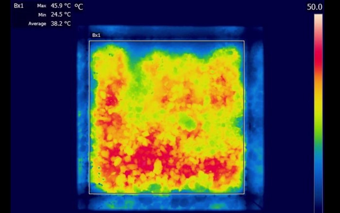 The road to Net Zero: thermography shows the distribution of heat generated by Salt in Matrix materials, which can store thermal energy indefinitely. The MESH project involving Swansea University researchers and Tata Steel is investigating the potential for recovering waste heat from industry