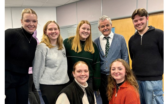 Professor Leo Groarke, President of Trent University (second from right), pictured with Trent students currently on exchange at Swansea
