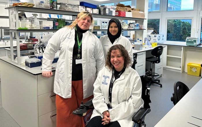 Researchers in the refurbished laboratories in the Wallace Building: Andy Stawowy (left), Elfina Karima (right), Gemma Woodhouse (front)