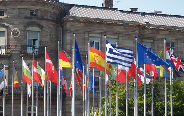 Flags of European nations and the EU in Strasbourg: the European Universities Association represents universities in 49 countries across Europe