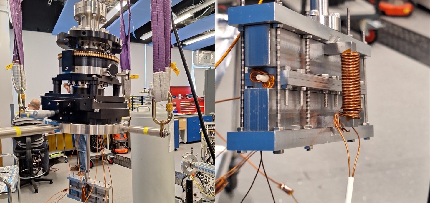 Left: The magnetic encoding device lifted by a crane before being attached to beam line. Right: A close-up of the magnetic encoding device before it was attached. The atomic beam enters the device through the hollow white ceramic tube shown. (Credit: Morgan Lowe)