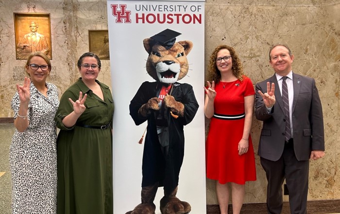 Texas partnerships: left, University of Houston, with (l-r) Dr Caroline Coleman Davies, Maggie Mahoney of UH, Professor Lisa Wallace, and Michael Pelletier of UH; right, Houston Methodist Research Institute which offers a collaborative PhD with Swansea, with researcher Simone Pisano pictured