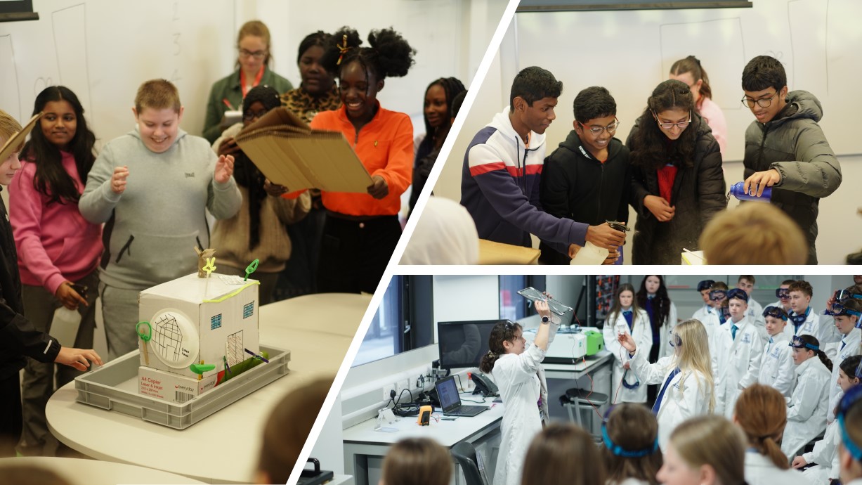 A collage of photos from the Swansea University Discover Engineering Festival. The photos show students enjoying taking part in the workshops delivered on the day.