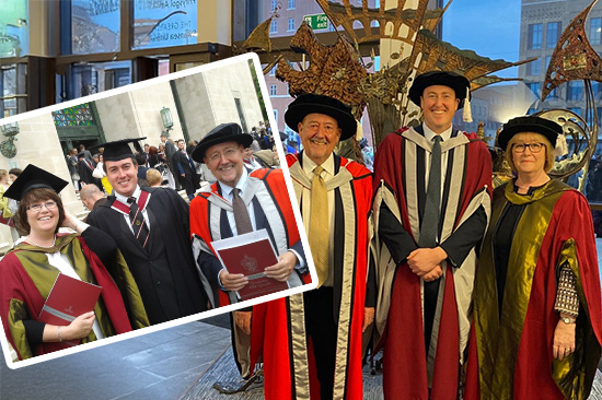 Two pictures alongside each other featuring three people - a woman and two men - wearing academic robes