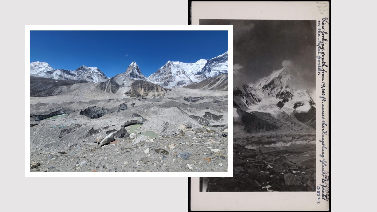 Looking south from 19-600 ft across the Kangshung glacier to peaks on the Nepal frontier. (Left) Taken by Professor Carl Cater in 2024. Credit: Professor Carl Cater. (Right) Taken by Charles Kenneth Howard-Bury in 1921. Credit: The Royal Geographical Society.
