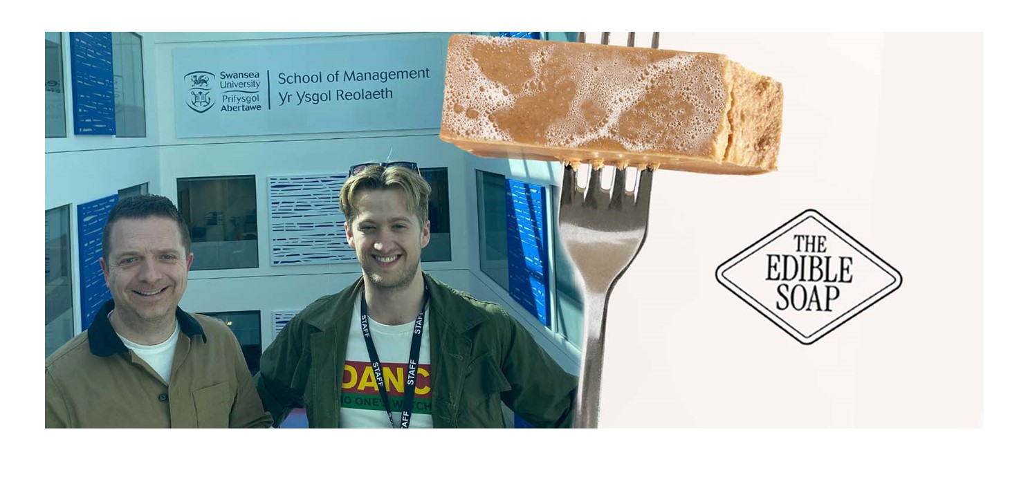 Two images together, one of two men standing indoors in front of a sign the other of a piece of soap on a fork
