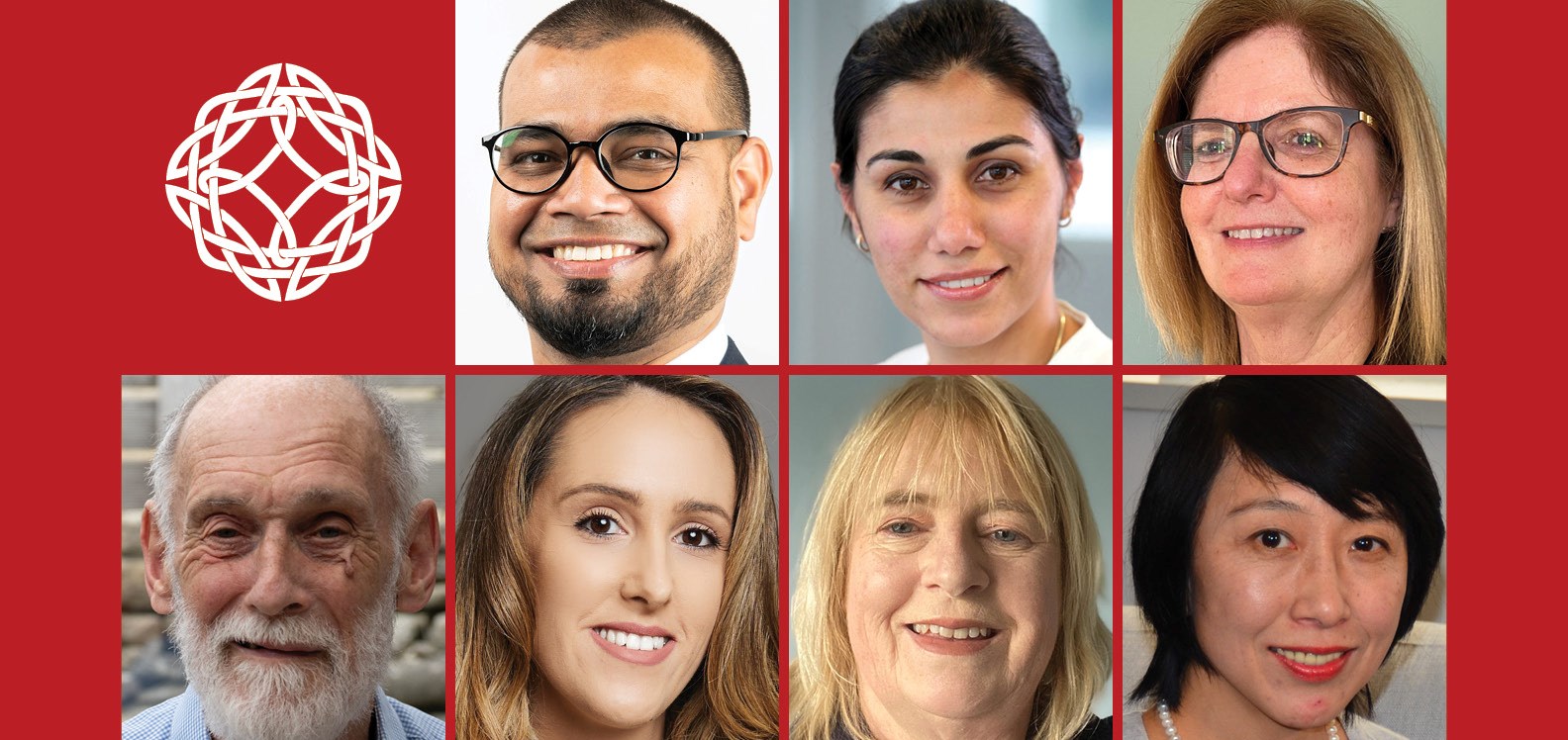 Montage image of seven head and shoulders photos of individuals and the logo of the Learned Society of Wales