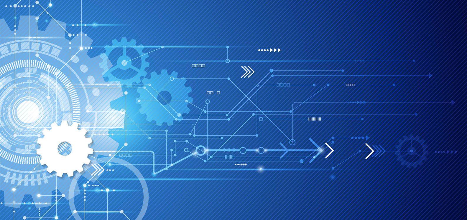 Abstract technology background featuring interlocking gears and dynamic lines in a modern design.