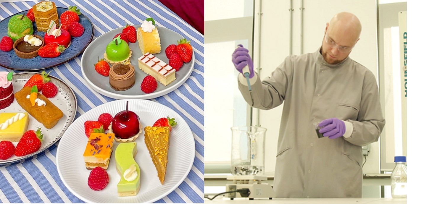 Cakes from La Creme Patisserie; Dr Chris Charles in the laboratory. Thanks to the link-up made by the ARCS team at Swansea University, the effluent from La Creme’s factory is now collected and sent to Lux Biotech, where it is used to grow the bacteria at the heart of their products. 