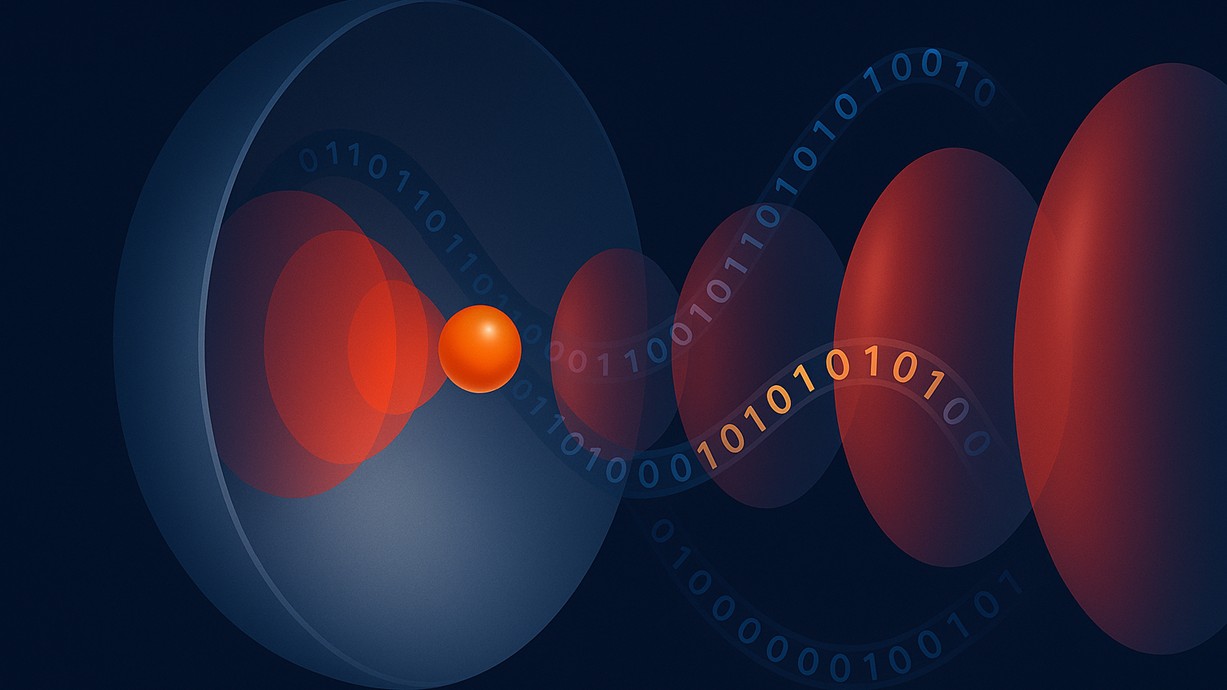 An illustration showing a standing light wave reflected from a curved mirror with a spherical particle at the centre. A stream of information, represented by 0s and 1s, emerges from the system.