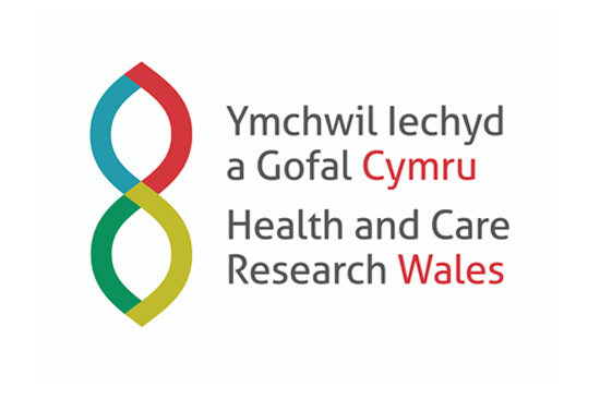 multicoloured logo with words Health and Care Research Wales in English and Welsh