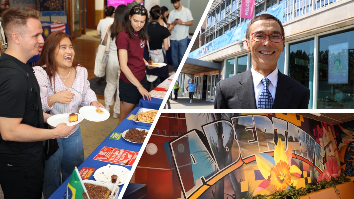 A collage of photos showing the Global Lounge and its launch event. 