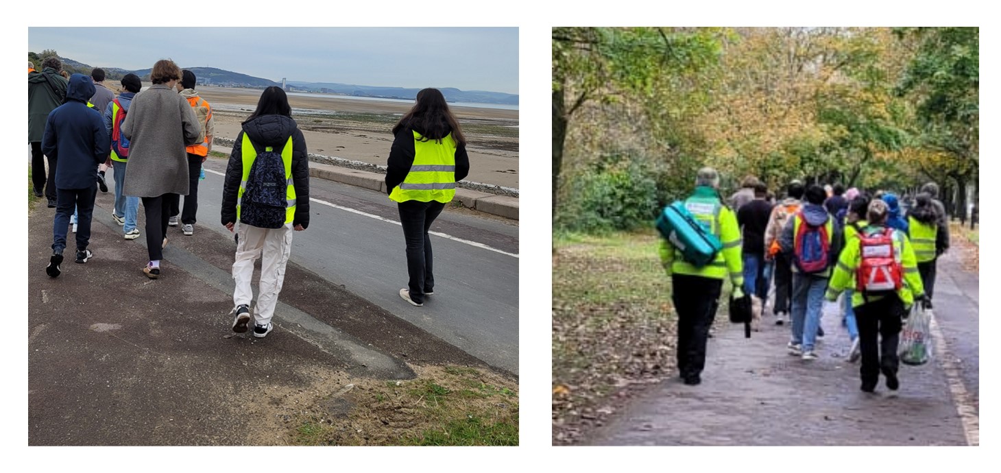 Two images, one of a group of people walking along a seafront prom, the other of walkers on a footpath through woodland.