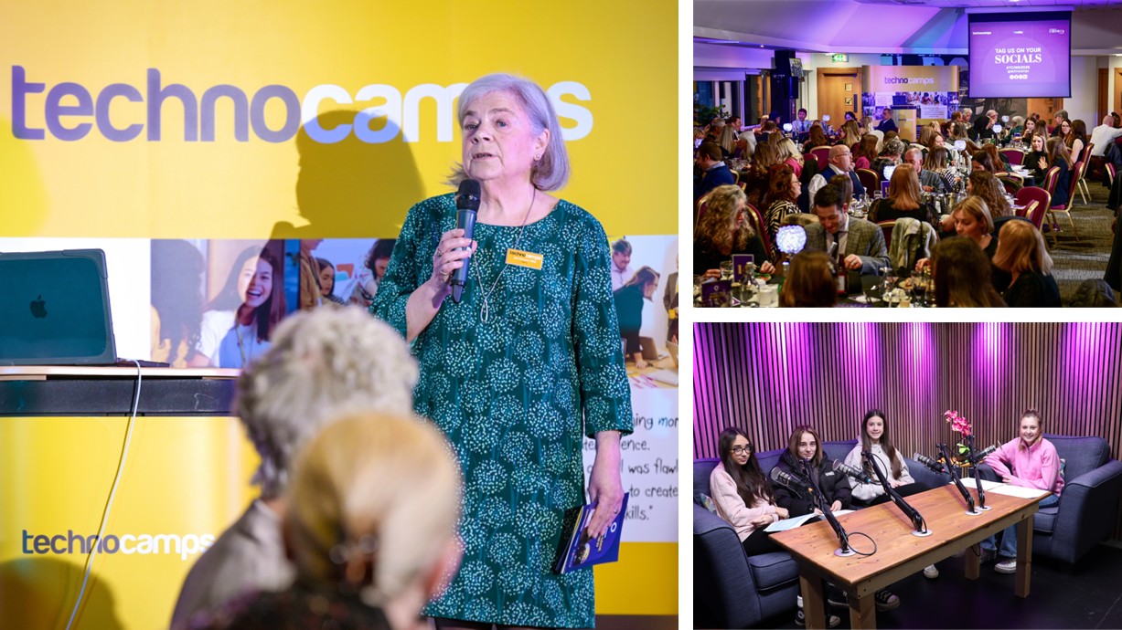 A photo of Beti Williams speaking at an event. Beti holds a microphone as she stands in front of a Technocamps banner. A photo of Technocamps’ 2025 International Women’s Day Gala. A photo of four girls sitting in a room with microphones in front of them. The photo is from the Girls in STEM event.