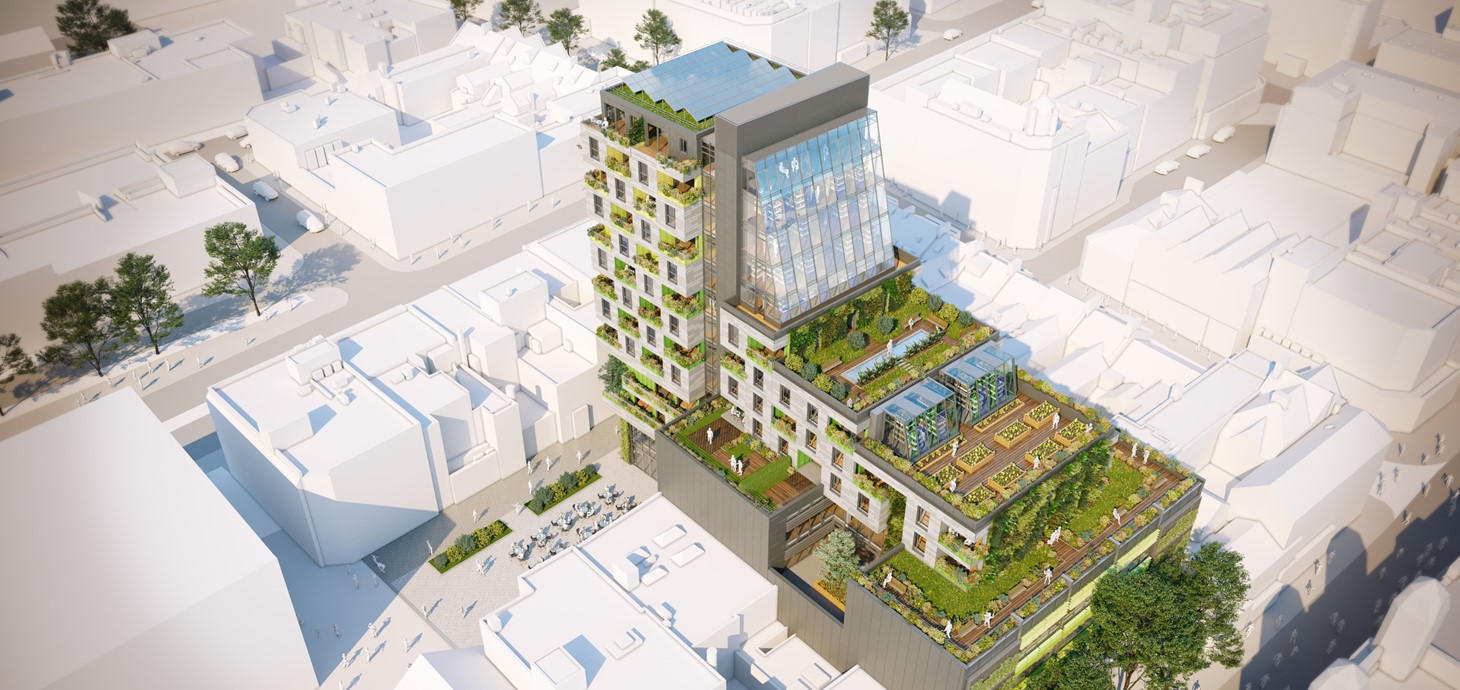 A CGI image of an aerial view of a modern multi-story building featuring extensive rooftop gardens and terraces, surrounded by other buildings in an urban area.