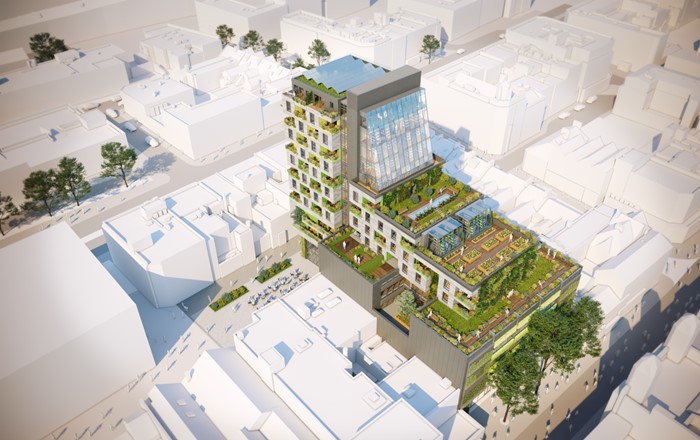 A CGI image of an aerial view of a modern multi-story building featuring extensive rooftop gardens and terraces, surrounded by other buildings in an urban area.