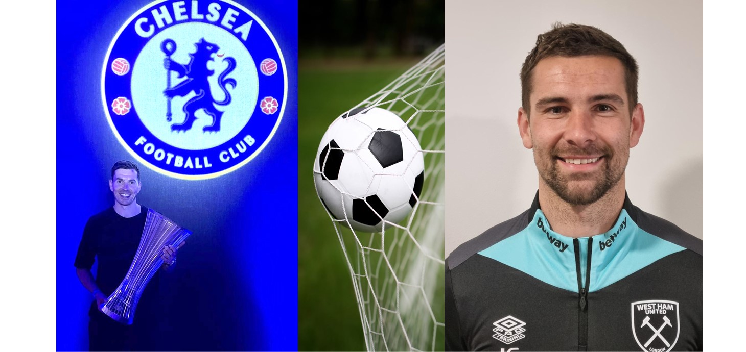 Tom Taylor (left) with the Conference League trophy won by Chelsea in May 2025; Jordan Smith (right), of West Ham United FC. Both are Swansea University sports science graduates and now lead physical performance coaching for the men's first teams at their clubs