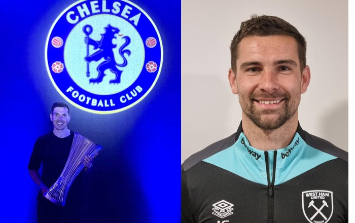Tom Taylor (left) with the Conference League trophy won by Chelsea in May 2025; Jordan Smith (right), of West Ham United FC. Both are Swansea University sports science graduates and now lead physical performance coaching for the men's first teams at their clubs