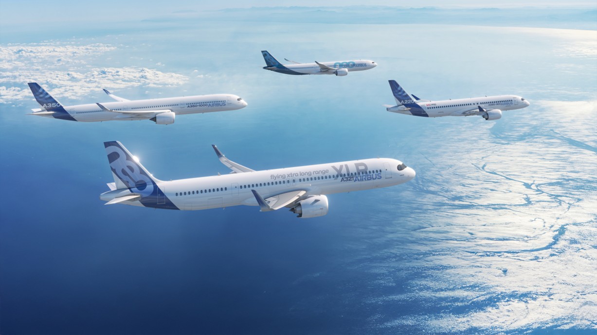 Four Airbus aircraft in flight, including an A220-300, A321XLR, A330-900 and A350-1000. Credit: Airbus SAS 2024.