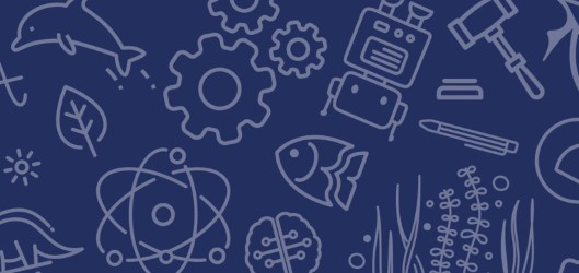 Navy background with light blue illustrations in a random pattern, including fish, robot and cogs 