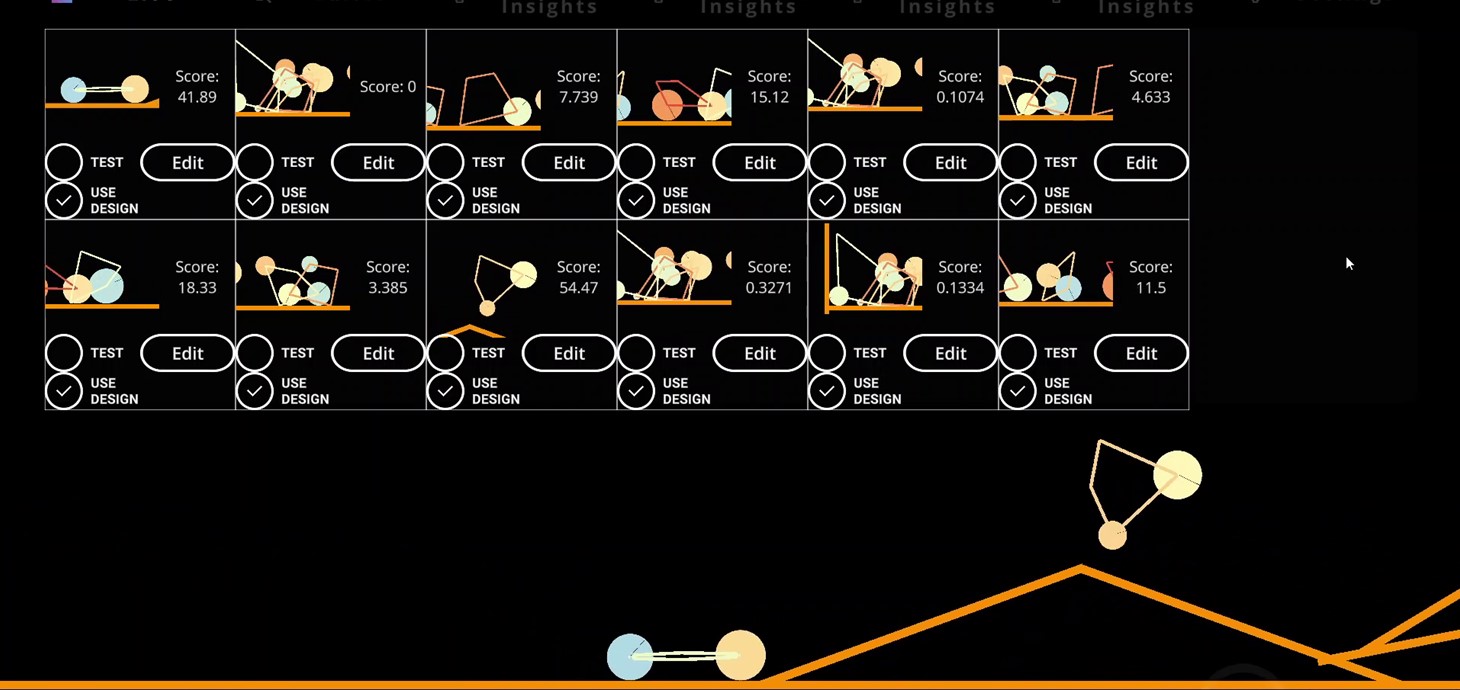 A screenshot from the Genetic Car Designer Game shows a series of simple designs of triangles and circles resembling cars. 