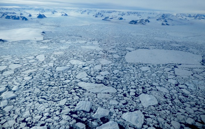 Fast ice broken apart in the embayment; Hektoria and Green glaciers retreat in the distance. Credit: British Antarctic Survey, 31 January 2022.