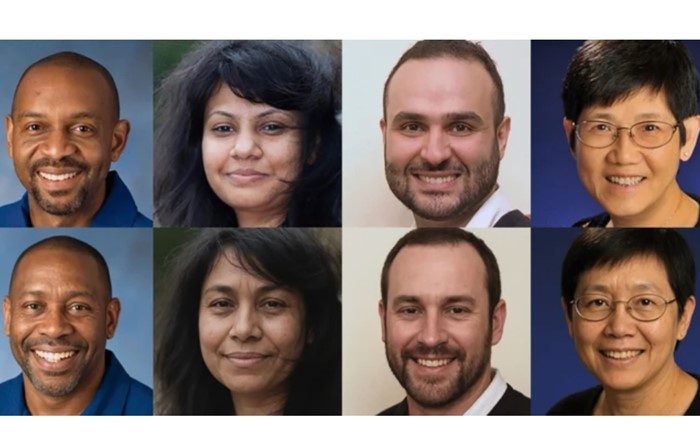 Two rows of head and shoulders photos of four people 