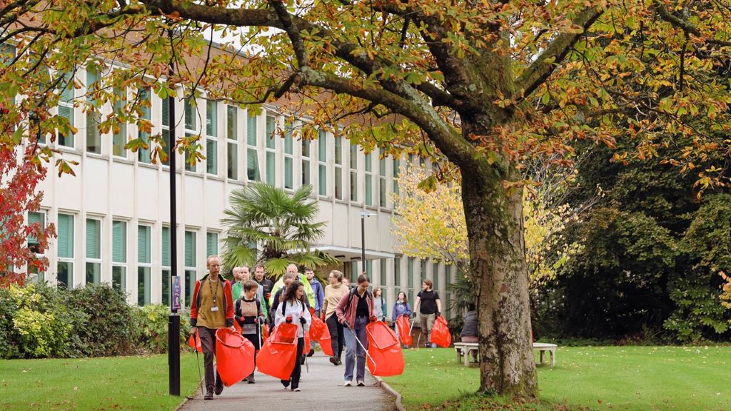 Group of people doing a litter pick outdoors