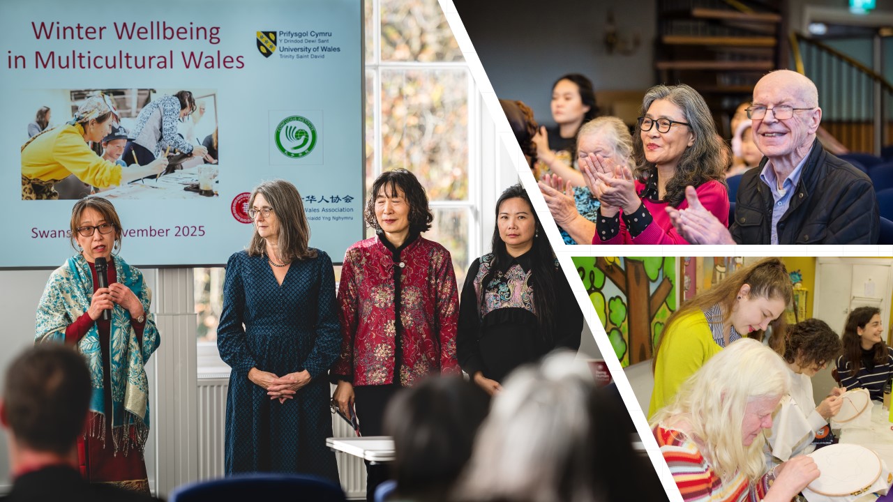 Montage of three pictures showing different views of indoor event featuring people