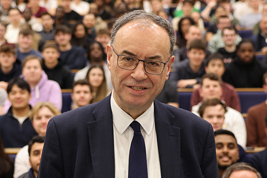 The Governor of the Bank of England, Andrew Bailey with Swansea University Economics students.