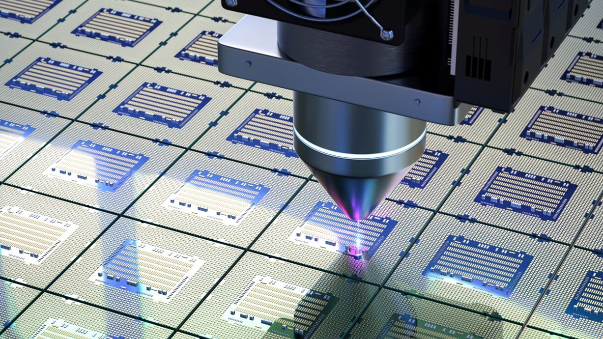 The semiconductor manufacturing process, with 3D rendering of robotic arms and silicon wafers. Credit: Phonlamai Photo | Shutterstock.