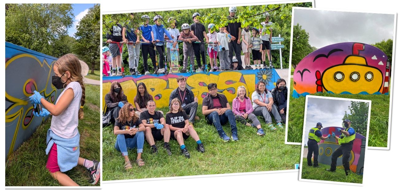 Montage of pictures of people spray painting facilities outdoor skatepark
