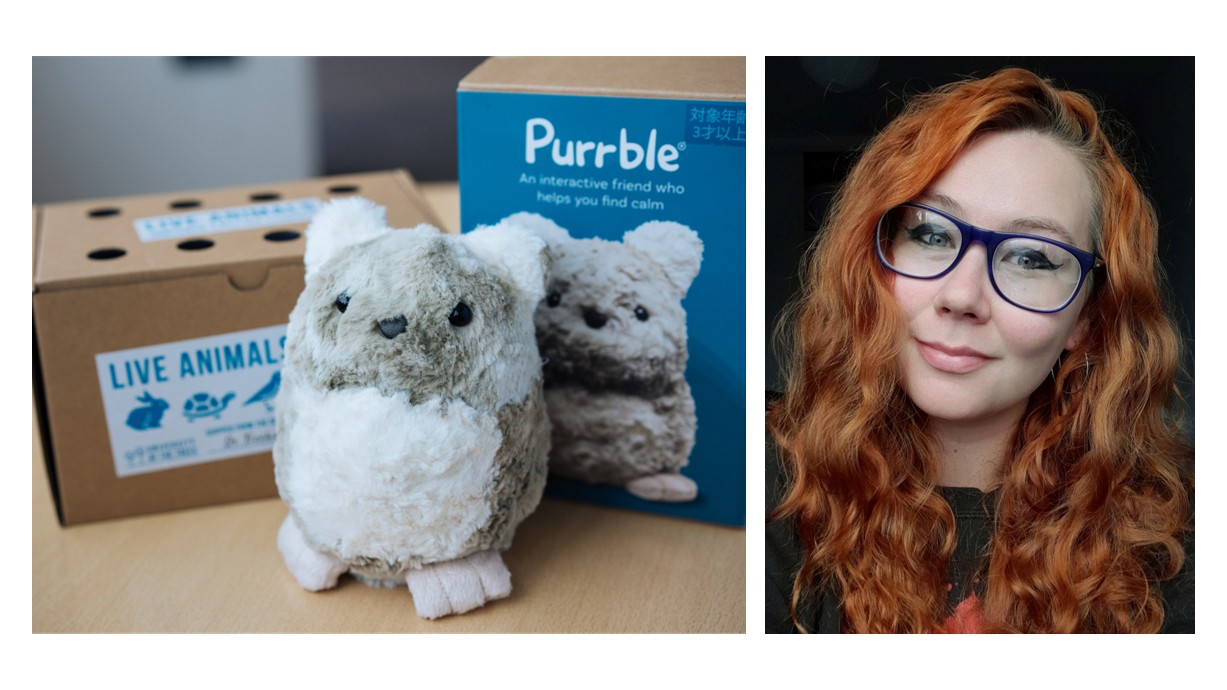 Two pictures: small furry robotic creature by a cardboard box and a head and shoulders of a woman.