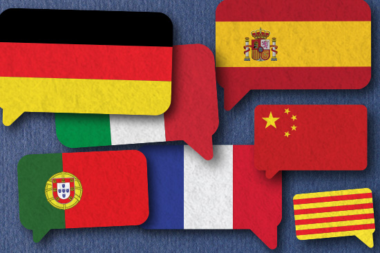 A series of flags in the shape of speech bubbles: German, French, Spanish, Italian, Portuguese, Chinese, Catalan