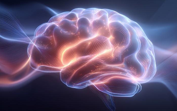 Illustration depicting a brain containing light coloured waves against a black background 