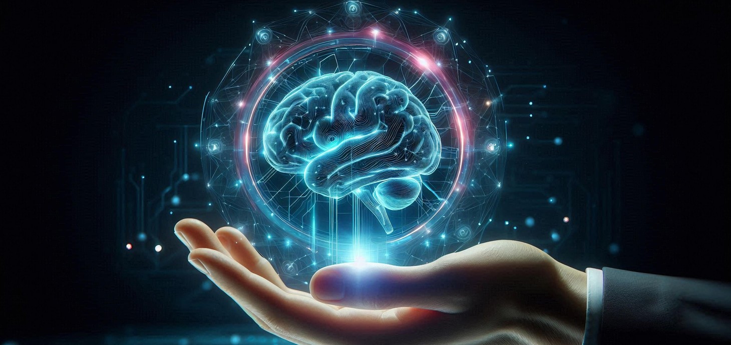 Illustration showing a hand holding human brain to depict intelligence, science and the mind.