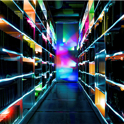 Bookshelves with bright lights